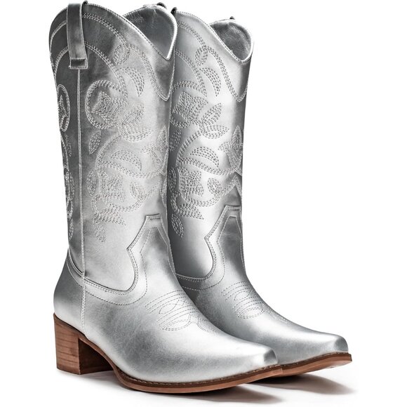 Women's Silver Pointy Toe Faux Leather Western Cowgirl Mid Calf Boots - Picture 6 of 6